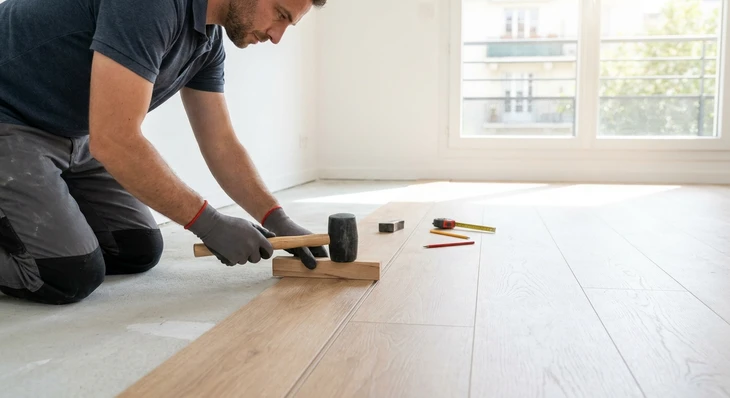 Personne agenouillée déroulant un revêtement de sol vinyle blanc sur un parquet gris vieilli