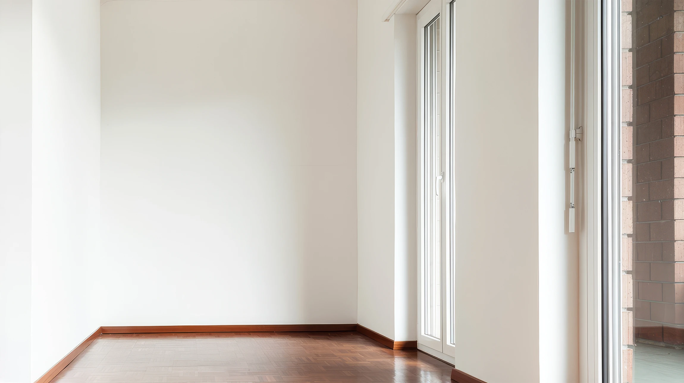 Pièce vide lumineuse avec parquet en point de Hongrie teinte acajou, murs blancs et plinthes bois assorties